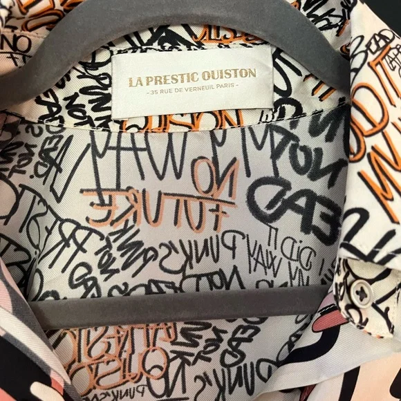 Le Prestic Ouiston 100% Silk Black and White Chain Print Shirt - Picture 3 of 5